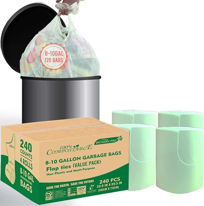 8-10 Gallon Flap Tie Compostable Trash Bags 240 Count Compost Bags Kitchen Trash Bags Sturdy Biodegradable Garbage Bags Food Scrap Waste Bags ASTM D6400 US BPI Certified Green