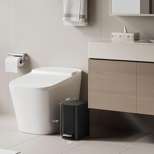 Small Bathroom Trash Can with Lid Soft Close 1.3 Gallon Garbage Can Step Pedal Stainless Steel Wastebasket Slim Trash Bin for Office Bedroom Toilet Live Room (Black)
