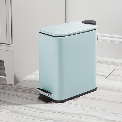 mDesign Slim Metal Rectangle 1.3 Gallon/5 Liter Trash Can with Step Pedal Easy-Close Lid Removable Liner - Narrow Wastebasket Garbage Container Bin for Bathroom Bedroom Kitchen - Matte Mint Green