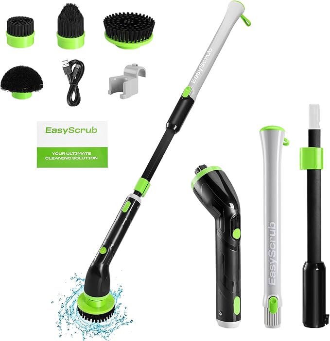 EasyScrub Cordless Electric Spin Scrubber - Powerful 350 RPM Cleaning with 4 Replaceable Heads Adjustable Extension Handle IPX7 Waterproof Ideal for Shower Tiles Tubs and Grout