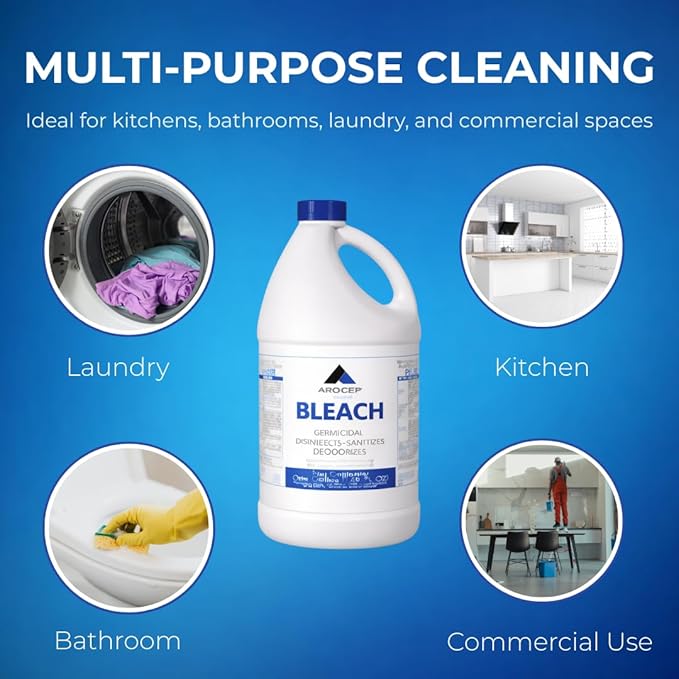 Liquid Chlorine Bleach Gallon – 6Pcs 1 Gallon Jug Bleach for Laundry Household Cleaning Commercial Use - Highly Concentrated Formula Bathroom Cleaner Ideal for Kitchen Surfaces Tiles Floors