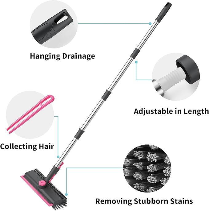 AIR U+ Floor Scrub Brush with Long Handle 3 in 1 Scrape and Heavy-Duty Stiff Bristle Scrubber Brush for Cleaning Shower Bathroom Patio Pool Garage Kitchen Wall and Deck Gray and Pink