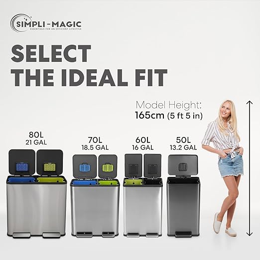 Simpli-Magic 13.2 Gallon (50L) Step Trash Can – Kitchen Garbage Can with Slow-Close Lid – Odor Control Hands-Free Easy to Clean Brushed Stainless Steel
