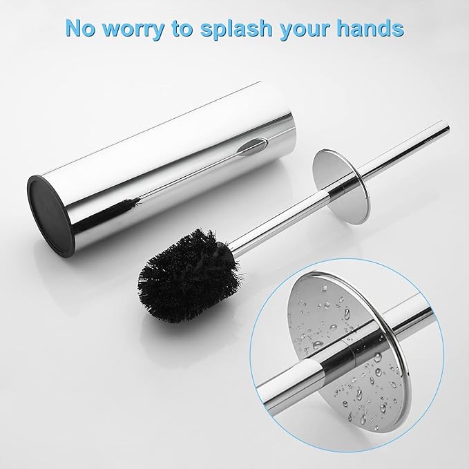 Toilet Brush and Holder Set Chrome Stainless Steel 304 Heavy Duty Round Toilet Brush Set – Rust Resistant Long Handle Replacement Heads Floor Standing Bathroom Toilet Cleaning Brush