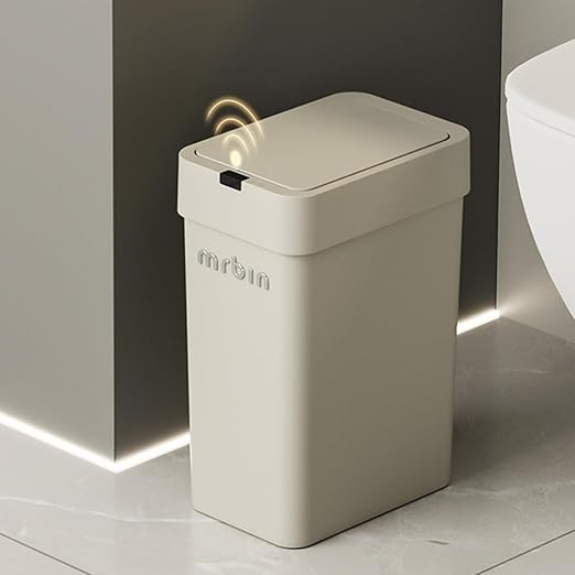 MRBIN Motion Sensor Bathroom Trash Can with Lid 9L/2.4gal Automatic Plastic Slim Covered Electric Waste Basket Narrow Rectangle Garbage Bin Under Desk for Small Office Bedroom Kitchen Rv Gray