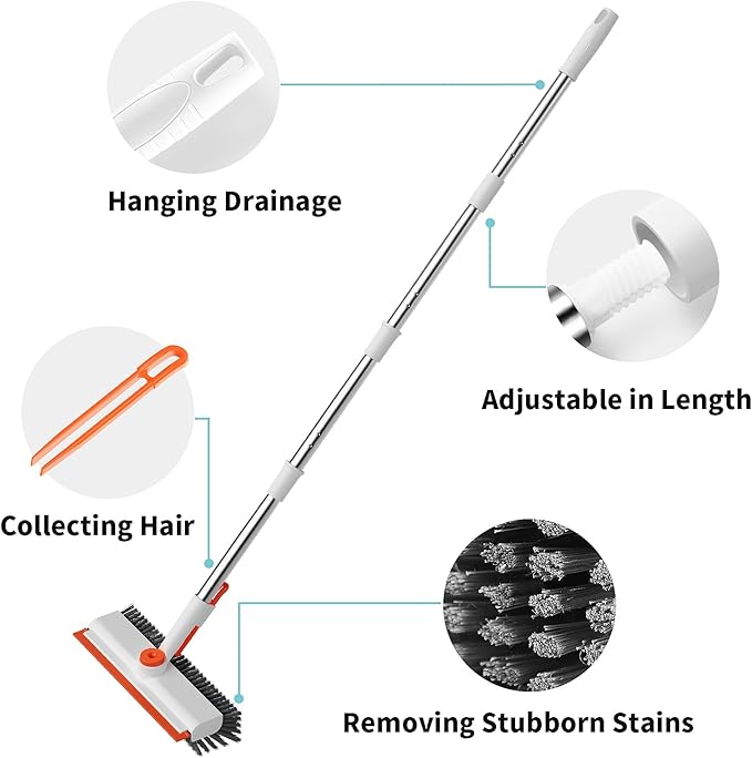 AIR U+ Floor Scrub Brush with Long Handle 3 in 1 Scrape and Heavy-Duty Stiff Bristle Scrubber Brush for Cleaning Shower Bathroom Patio Pool Garage Kitchen Wall and Deck White and Orange