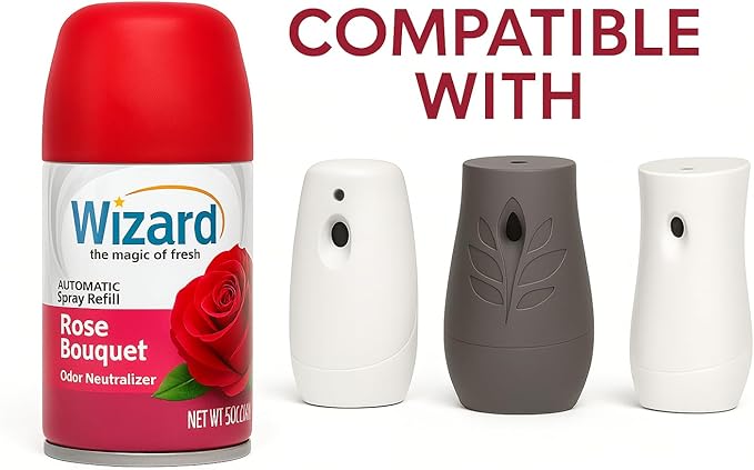 Wizard Automatic Spray Refill – Rose Bouquet 5 oz (12 Pack) | Compatible with Air Wick Freshmatic &amp Glade Dispensers | Long Lasting Odor Neutralizer for Home &amp Office