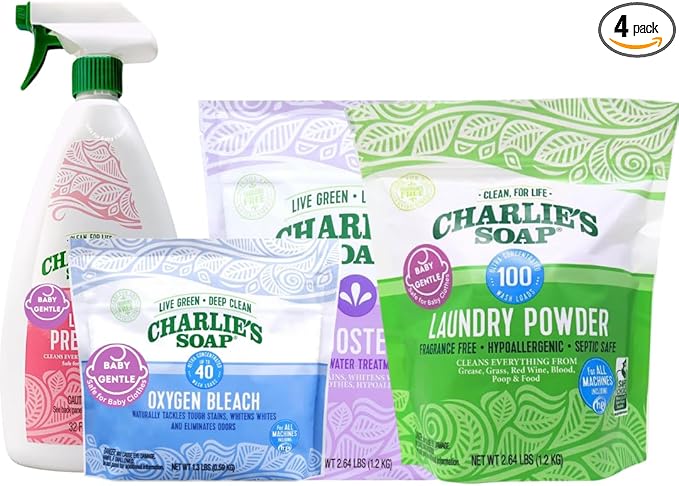 Charlie’s Soap Baby Variety Pack Pre Spray 32 Oz Laundry Powder (100 Load) Laundry Booster &amp Baby Oxi Bleach Bundle (Pack of 4)
