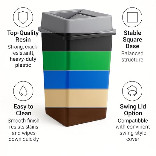 19 Gallon Beige Square Plastic Trash Can with Lid Heavy Duty | Indoor Outdoor Commercial Waste Container with Optional Lid for Restaurants Parks Schools Public Spaces