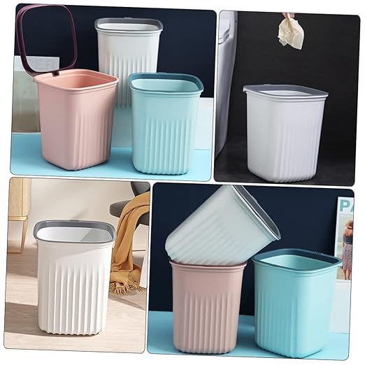 PRETYZOOM 3pcs Small Trash Can Set Simple Design Plastic Waste Basket for Kitchen Office and Home Easy to Use with Pressing Ring Blue Pink and White
