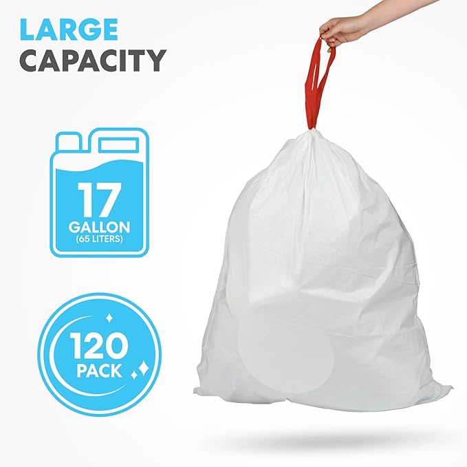 Simpli-Magic 17 Gallon Drawstring Trash Bags Code C 120 Pack – Tall Kitchen Garbage Bags Custom Made with Premium Materials (White)