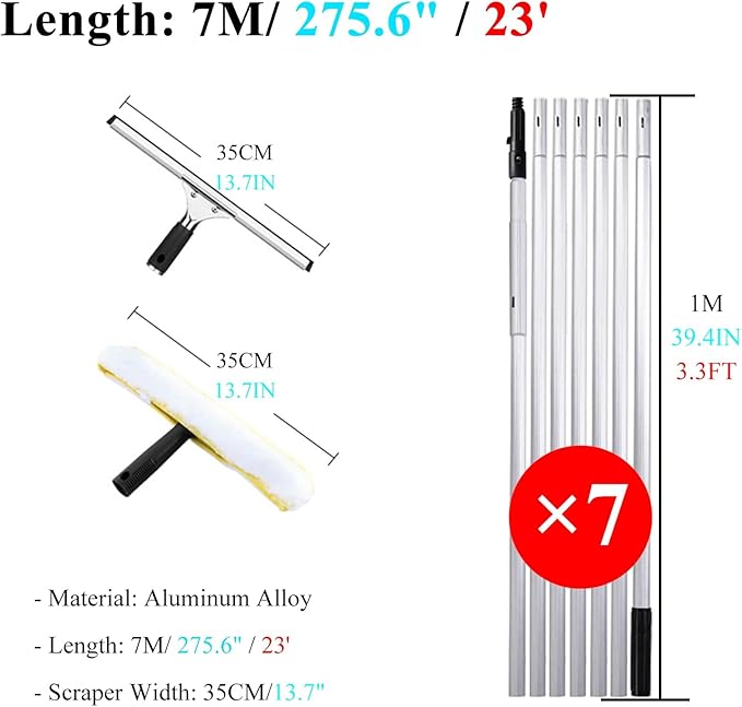 Window Cleaner Tool for High Windows 33 26 20 14 Feet 8 5 Ft Professional Extendable Cleaning Tool Kit/Telescopic Poles Bars for Indoor Outdoor Washing Glasses with Squ7m/275.6in/23ft