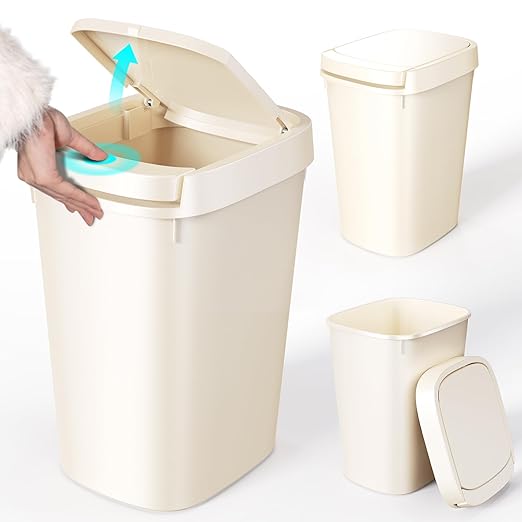 CEROELDA 3 Pack Bathroom Trash Can with Lid 10L/2.6 Gal Small Garbage Can with Press Top Lid Slim Plastic Waste Basket for Toilet Office Bedroom (Beige)