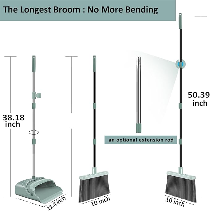 kelamayi Upgrade Broom and Dustpan Set Large Size and with Long Handle UprightIdeal for Indoor Outdoor Garage Kitchen Room Office Lobby Use (Green)
