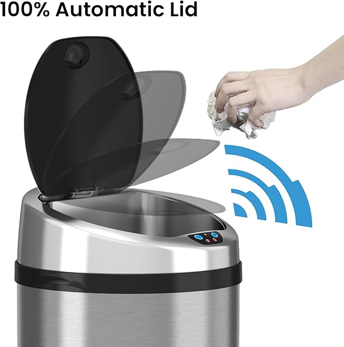 iTouchless 8 Gallon Touchless Sensor Trash Can with Odor Filter System 30 Liter Round Stainless Steel Garbage Bin Perfect for Home Kitchen Office Brushed Stainless Steel