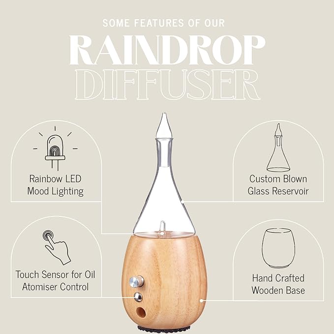 Raindrop 2.0 Aromatherapy Diffuser for Essential Oil Waterless Glass Nebulizer w/Auto-Off Switch BPA Free - Lightwood