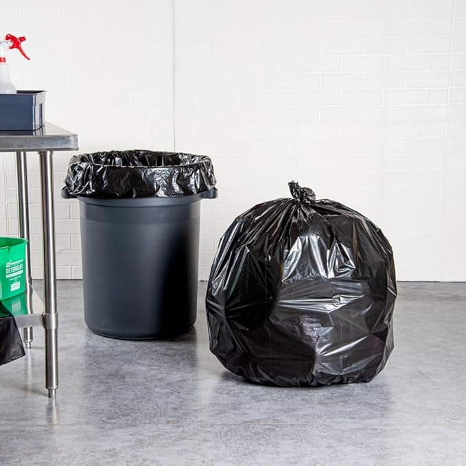 Restaurantware RW Clean 45 Gallon Trash Bags 100 Light-Duty Garbage Can Liners - Fits 40-45 Gallon Trash Cans Stretchable Black Plastic Bin Liners With Star Seal Bottom