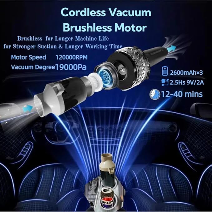 Portable Cordless Car Vacuum Cleaner Suction Power 19000Pa with Brushless Motor Handheld Mini Vacuum Cleaner with Multiple Attachments 3 Suction ModesRechargeable (Black)