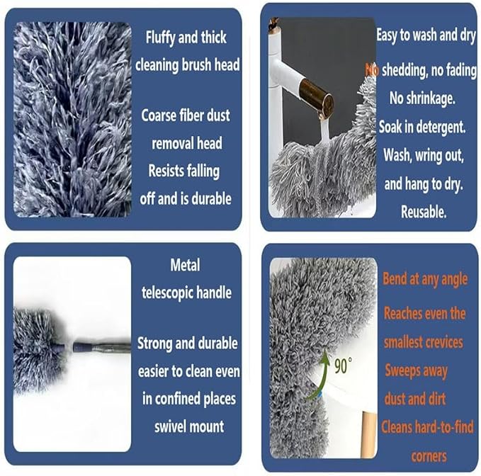 Extension Crevice Duster Microfiber dusting Cloth Retractable Handle Bendable Head Crevice Duster Cleaning Tool Set Suitable for Furniture top and Bottom Blinds etc.(7-Piece Set2.8m Pole)