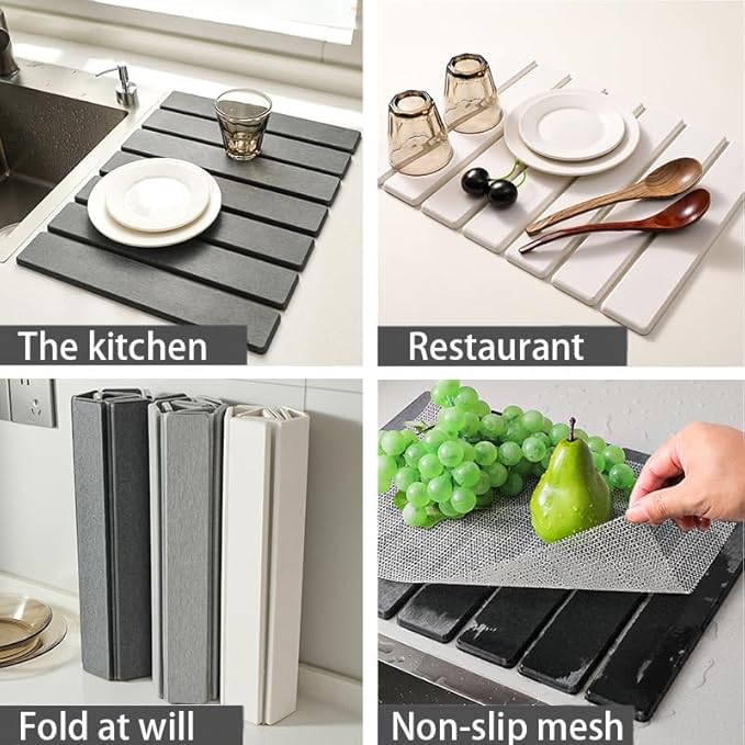 Large Stone Dish Drying Mat for Kitchen CounterEquipped Dish Rack Diatomaceous Earth Material Foldable and Super Absorbent Dish Drying Pad Suitable for Tableware Bottles and Cup (Grey 24×16 IN)