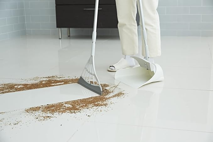 Broombi and Dustpan Set - All-Surface Silicone Broom &amp Squeegee for Indoor Cleaning - Sweeps Glass Dust Removes Pet Hair Liquids - Smooth Floors Rugs Windows - One-Click Smart Dustpan (Black)