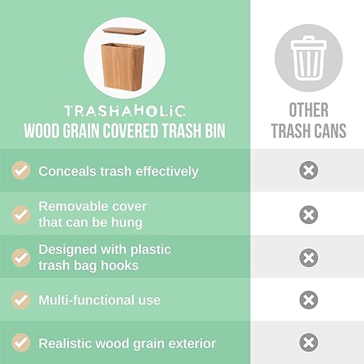 Light Wood Grain Indoor Trash Can w/Removable Cover - 3.4-Gallon Modern Waste Bin for Office Bedroom Bathroom - Slim Garbage Basket with Plastic Trash Bag Holder - Covered Diaper Trash Can