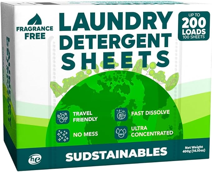 Sudstainables Laundry Detergent Sheets 200 Loads – Dissolvable Laundry Sheet for Washing Machines Compact Alternative to Liquid &amp Powder Detergent Travel-Friendly Soap | Fragrance Free