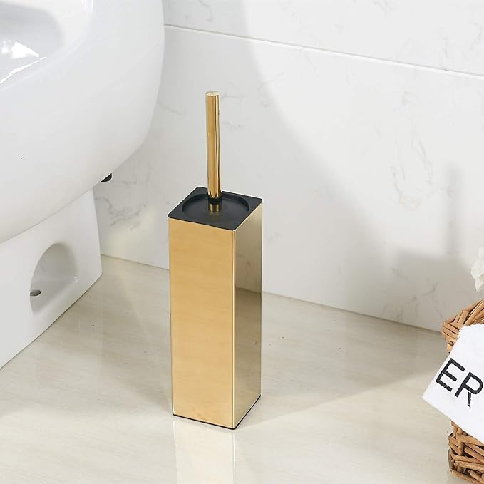 BGL Freestanding Solid Stianless Steel 304 Toilet Bowl Brush and Holder for Bathroom Storage and Organization - Space Saving Sturdy Deep Cleaning Covered Brush (Gold)