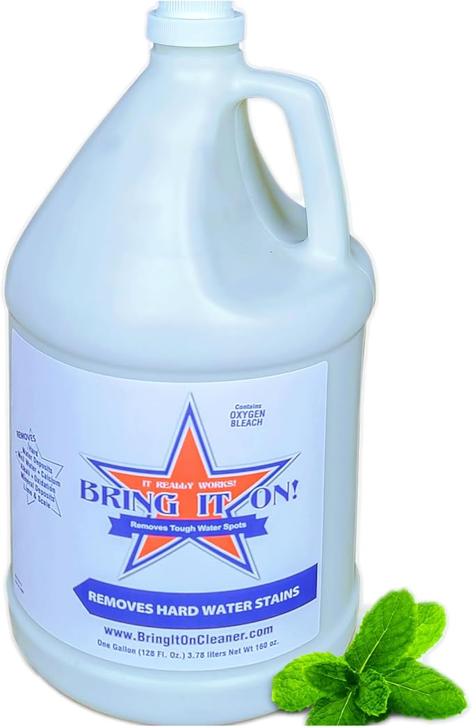 Bring It On Cleaner: Shower Door Hard Water Spot Stain Remover with Oxygen Bleach. Safely Clean Shower Door Glass Tiles Taps Grout and Fiberglass 128oz