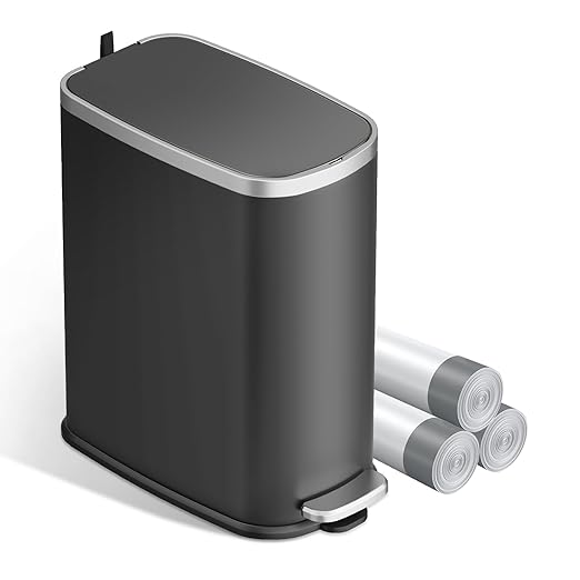 KUK Slim Bathroom Trash Can with Lid Soft Close Step Pedal 2.6 Gal/ 10L Stainless Steel Garbage Can with Removable Inner Bucket Anti-Fingerprint Wastebasket for Office Bedroom Toilet (Black)