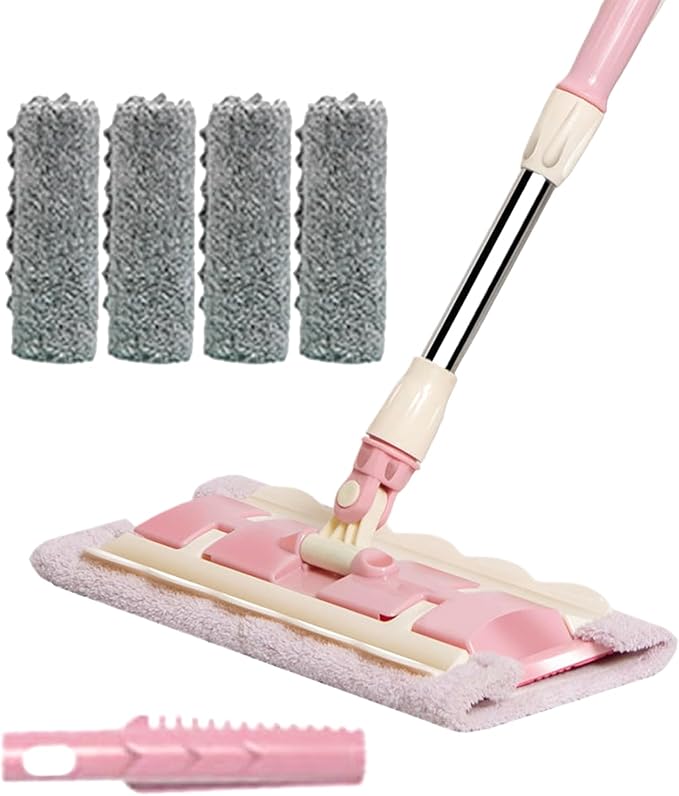 Floor Mop – Reusable Mop with 4 Washable Pads &amp Dust Scraper | 360° Rotatable Telescopic Cleaning Tool for Tile Wood Kitchen &amp Bathroom Floor