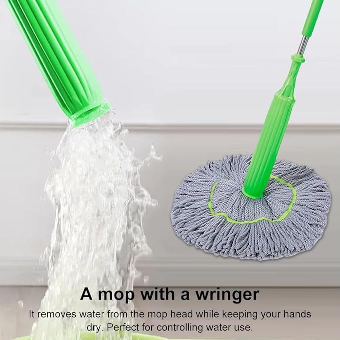 Spin Mop with Self-Wringing System 360° Swivel Stainless Steel Handle &amp Ultra-Absorbent Bamboo Fiber Mop Head No Wash Lazy Mops Wet and Dry - Lightweight &amp Compact (1 mop + 1 Head)