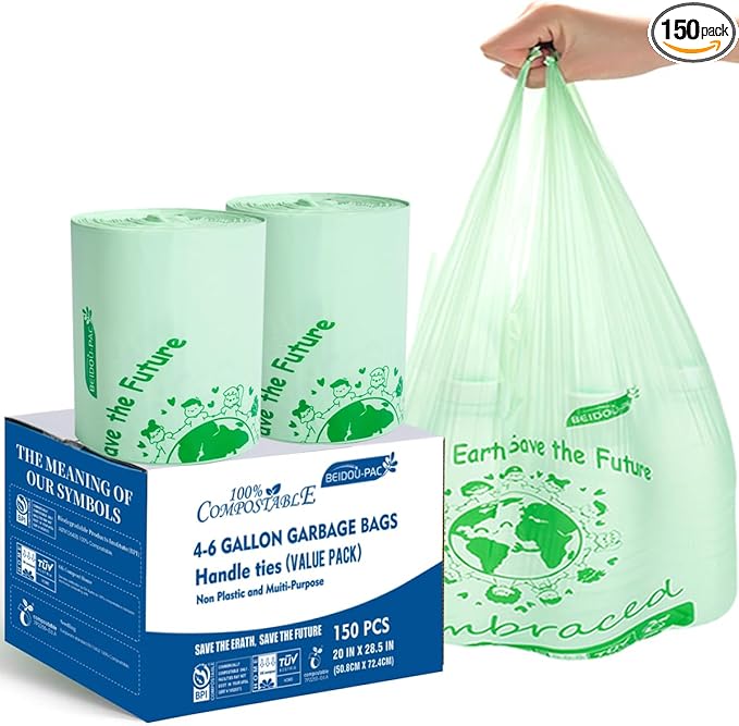 4-6 Gallon Compostable Trash Bags 150 Count - Kitchen Trash Bags with Handle Sturdy Biodegradable Garbage Bags for Food Scrap Waste ASTM D6400 US BPI Certified