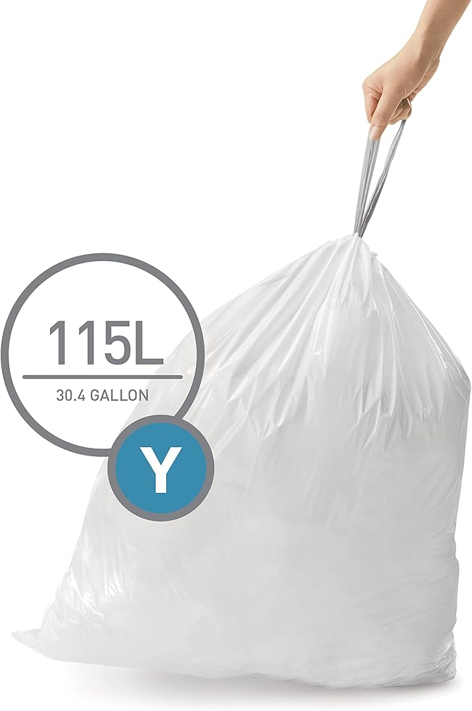 simplehuman Code Y 100 Count Genuine Custom Fit Liners Drawstring Trash Bags 115 Liter / 30 Gallon White