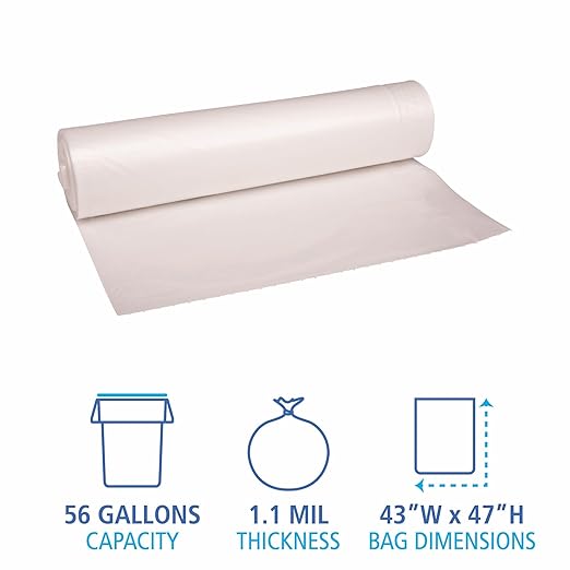 Boardwalk Recycled Low-Density Polyethylene Can Liners 56 Gallon Garbage Bags 1.1 mil 43 x 47 Clear 10 Bags/Roll 10 Rolls/Carton