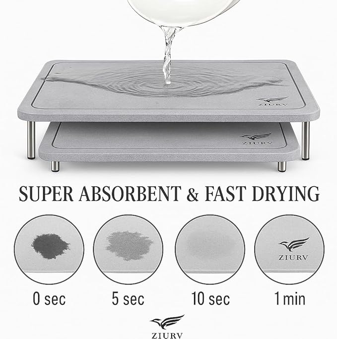 6 PCS Stone Drying Mat Set for Kitchen Counter 2 Large Diatomaceous Earth Dish Drying Mats with Stainless Steel Legs Dish Rack Soap Dispenser Set with Tray Quick Expandable System Dish Dryer Mat