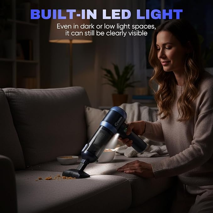 Saker Car Vacuum Portable Cordless 20000Pa Suction Power 4 in 1 Handheld Vacuum with LED Light Type-C Portable Mini Vacuums for Gifts Car Home Office Pet HL157 Blue