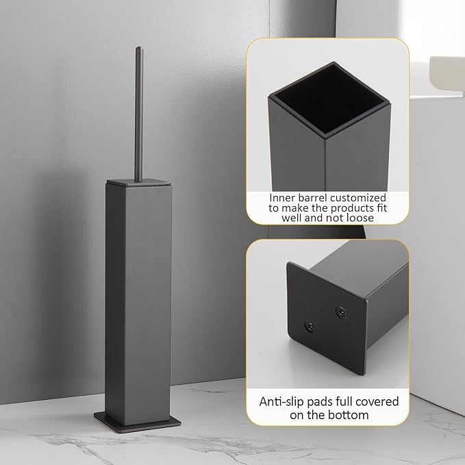 Toilet Brush and Holder Floor Standing Gun Gray with 2 Replaceable Heads Bathroom Toilet Brush Freestanding Toilet Bowl Brush with Removable Liner and Splash Guard Modern Square Design