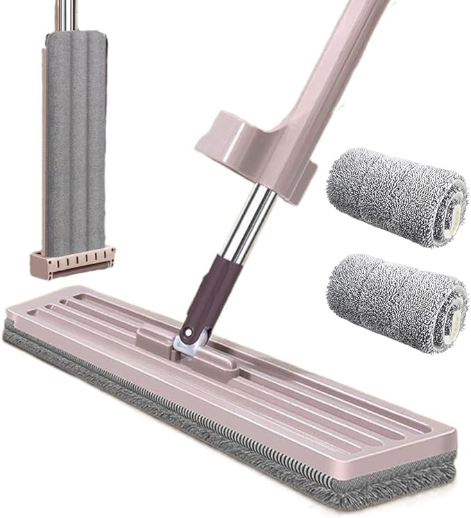 Lazy Person's Self-Washing Flat Mop 360° Rotatable Adjustable Cleaning Mop Hands-Free Flat Floor Mop Wet and Dry Mop Self Wringing Flat Mop Microfiber Mops for Floor Cleaning (With 2 Cloth 42*12CM)
