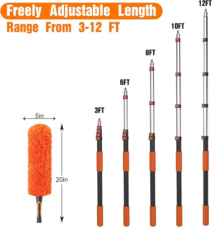 20FT High Reach Duster Cleaning Kit with Extension Pole High Ceiling Fan Cleaner Duster Tool for Fan Blades Window Washing Kit with Microfiber Feather Duster &amp Window Squeegee