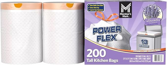 Member's Mark Power Flex Tall Kitchen Drawstring Trash Bags (13 Gallon 2 Rolls of 100 ct. 200 count total)