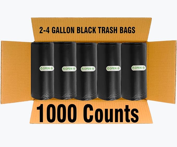 2-4 Gallon Trash Bags 1000 Count Bulk Value Pack Black Garbage bags Small Trash Can Bin Liners for Bathroom Office Industrial Commercial Janitorial Municipal Recycling