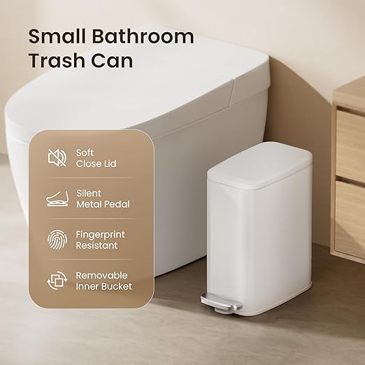 Cesun Slim Bathroom Trash Can with Lid Soft Close 6L/1.6 Gallon Stainless Steel Small Garbage Can with Foot Pedal and Removable Inner Bucket Slim Wastebasket for Bathroom Office Toilet (White)