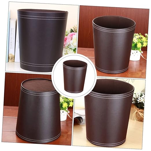 VOSAREA 1Pc Round Waste Basket Stylish Trash Can for Home Office PU Design Convenient Open Top for Easy Disposal for Living Room Workspace