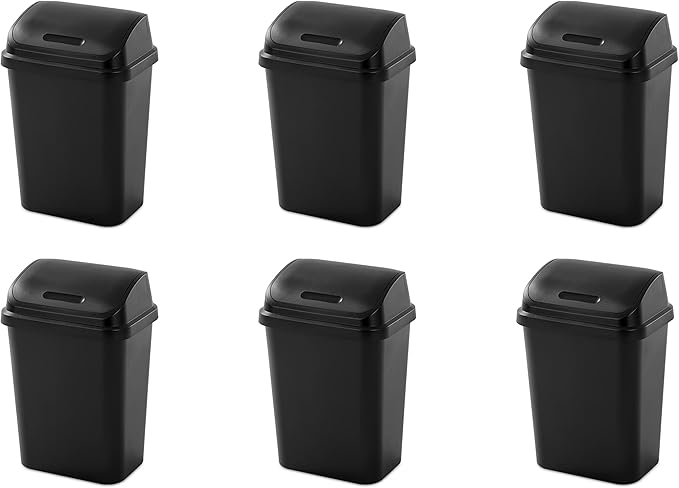 Sterilite 7.8 Gallon SwingTop Wastebasket with Lid Medium Sized Plastic Trash Can for the Kitchen with Swinging Lid Black 6-Pack
