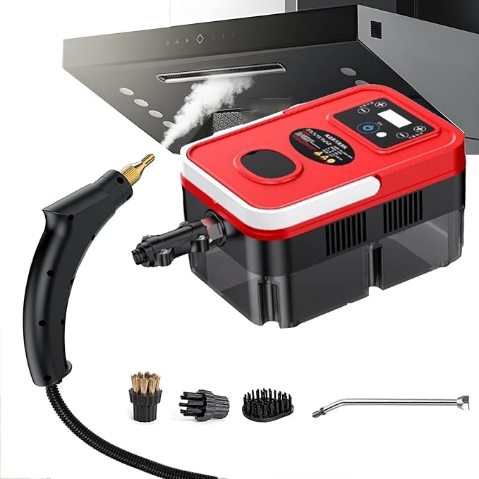 Steam Cleaner 1600W High Pressure Handheld Steamer 6-Gears Adjustable Portable Steam Cleaning Machine with 3 Brushesfor Kitchen Bathroom Car Grout and TileRed