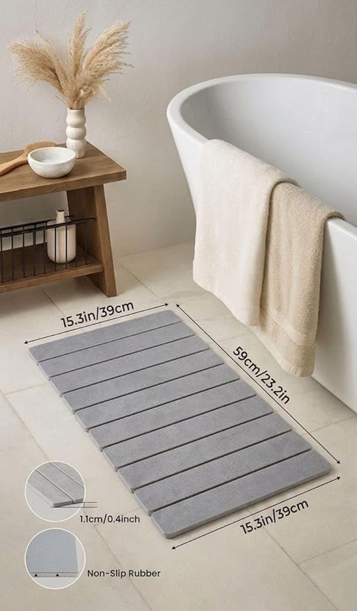 Premium Foldable Stone Bath Mat - Ultra Absorbent Quick Drying Compact Easy to Store &amp Clean Non-Slip Diatomaceous Earth Bath Shower Mat (Light Grey)