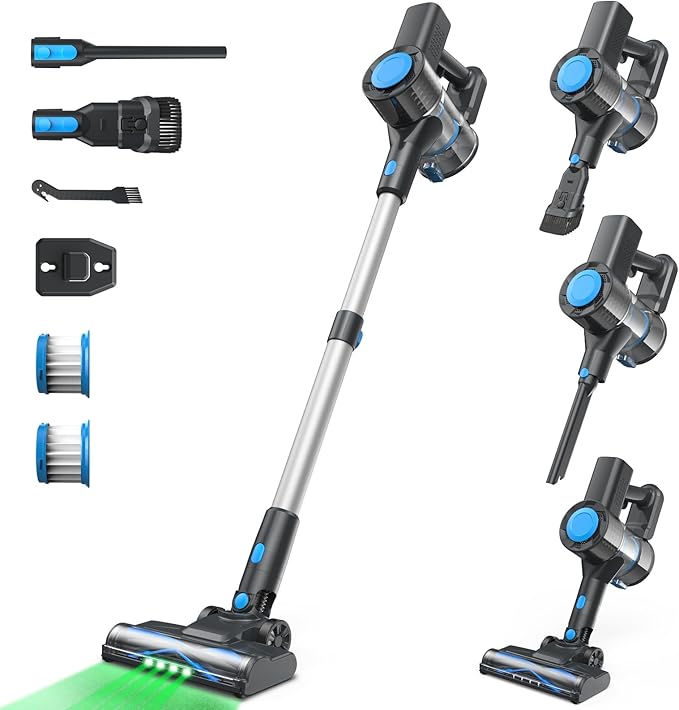 Cordless Vacuum Cleaner Powerful Lightweight Stick Vacuum with 2200 mAh Battery Six-in-One Rechargeable Vacuum Cleaners for Home Up to 40 Mins Runtime for Hard Floor Carpet Pet Hair - Sky Blue