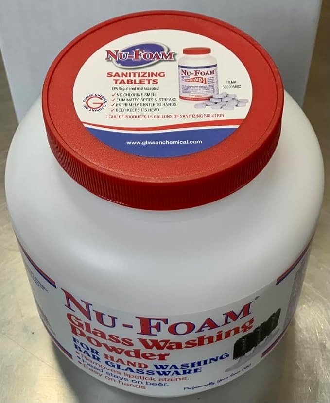 Nu-Foam Glass Washing Powder - Detergent for Bar Glassware – Original Streak-Free Solution - Hand Washing Bar Tavern Brewery Supplies - Spotless Serving Glasses - Easy On Hands - 4 Lb Jar