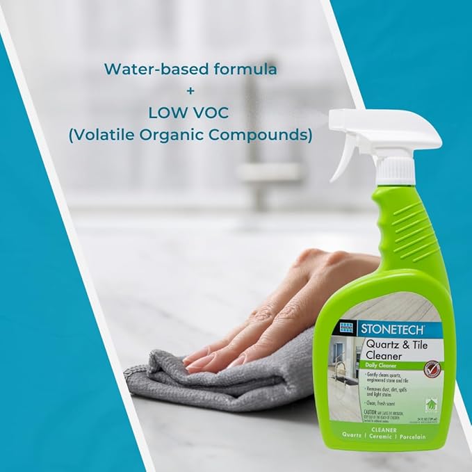 StoneTech Quartz &amp Tile Cleaner Spray – Quartz Countertop Cleaner for Engineered Stone Ceramic &amp Porcelain – Removes Dirt &amp Spills – 2-Pack 24oz Each + 2 Microfiber Cloths Fresh Scent